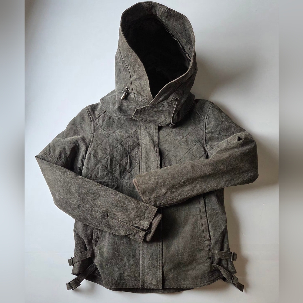 Danier Women's Hooded Leather Jacket in Olive Gray